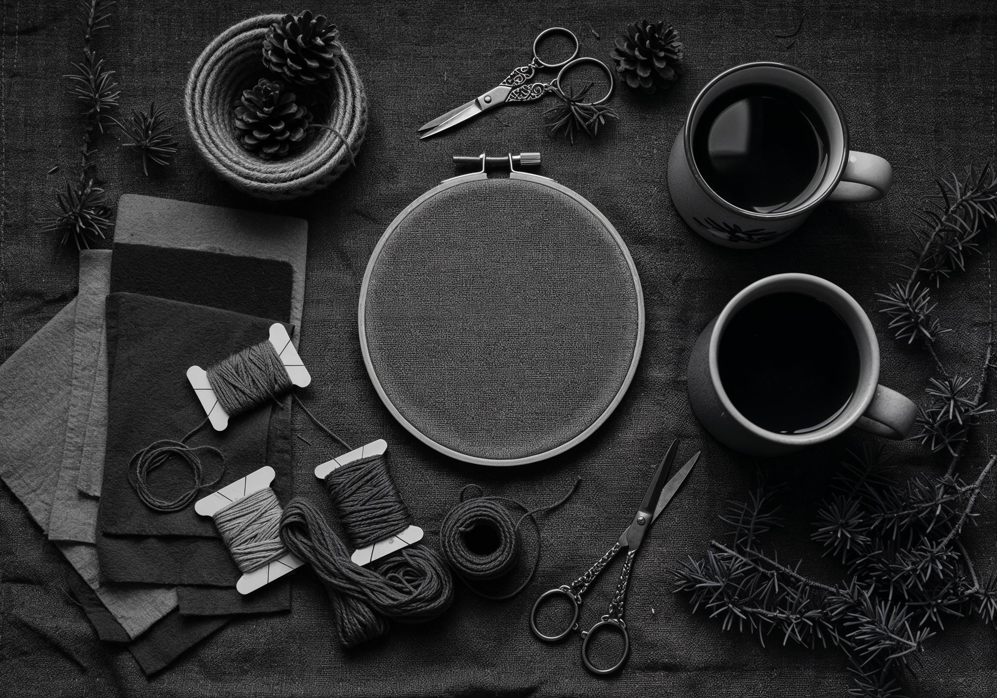 Sample embroidered product staged on dark table